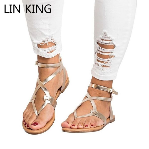 

lin king solid women buckle casual sandals cross tie flat ankle summer beach shoes plus size vintage ladies gladiator sandalias, Black