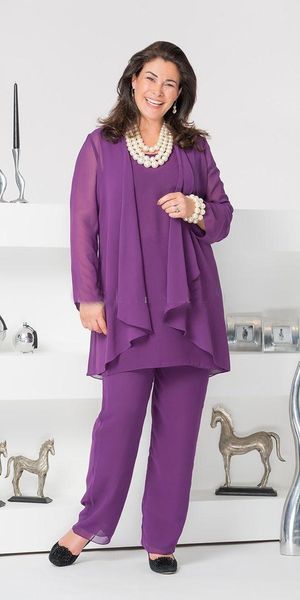 Elegante 2018 Mutter der Braut Hosenanzüge Kleider mit langen Ärmeln Chiffon Bräutigam 3 Stück Mutterkleider Plus Size Hochzeitskleid