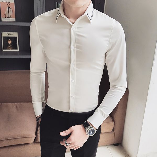 

korean simple tuxedo brand new slim fit casual shirt men long sleeve gentlemen men dress shirts black/white blouses homme, White;black