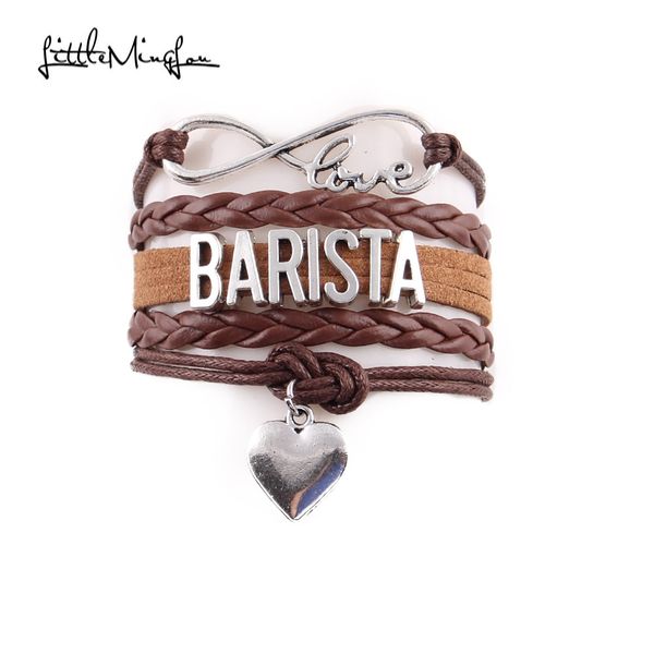 

little minglou infinity love barista bracelet heart charm leather wrap men bracelets & bangles for women jewelry coffee hobby, Golden;silver