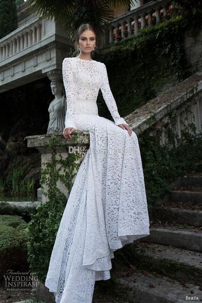 

Berta Vintage Lace Mermaid Wedding Dresses Backless Long Sleeves Wedding Gowns Ribbon Pretty Wedding Bridal Gowns