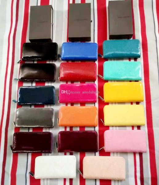 

2017 Wholesale Patent leather shinny luxury brand long wallet Fashion high quality original box coin purse women man classic zipper pocket