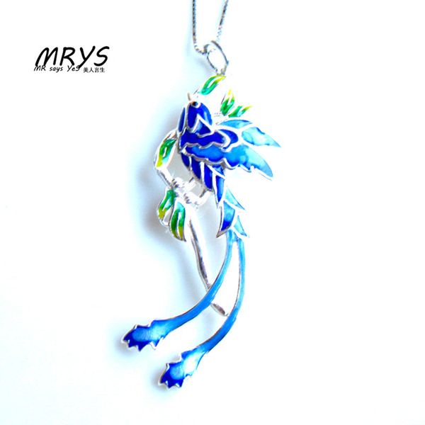 

new blue phoenix ethnic cloisonne enamel 925 sterling silver chain necklace pendant for women girl chistmas gift fashion jewelry