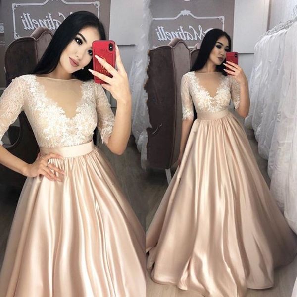 

sheer jewel neck prom dresses 1/2 long sleeve long sleeve lace applique party gowns fashion a-line satin floor length 2018 prom dress, Black