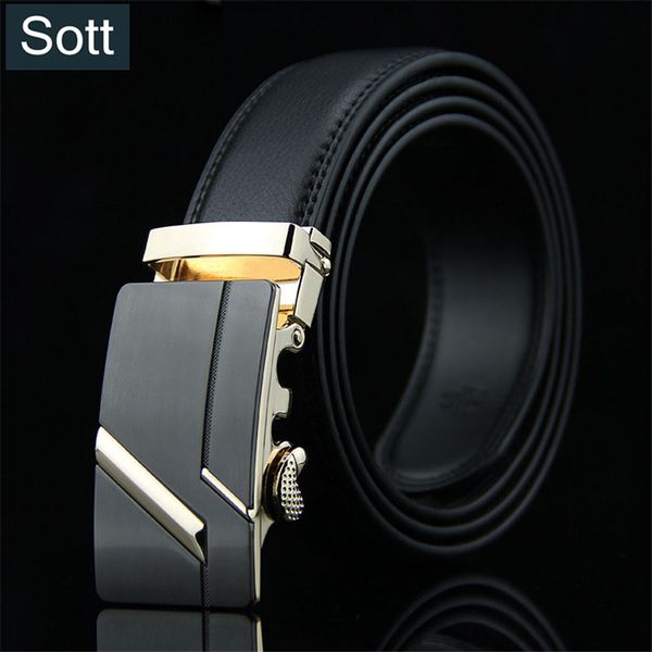 

sott] men's genuine leather belt alloy automatic buckle wide chain belt buckles for men luxury waist cinto masculino, Black;brown