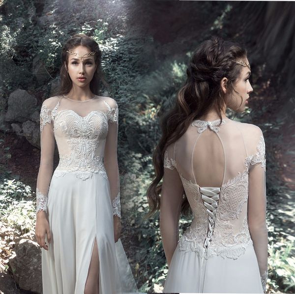 Fantasia Jóia Branco Chiffon Manga Longa Vestidos de Casamento Sheer Neck applique Perna Fenda vestido De Noiva Aberto Para Trás Lace Up País Barato boêmio 2018