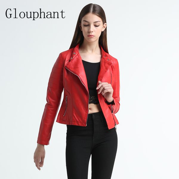 

glouphant basic autumn zipper fitness slim red faux leather jacket women black breathable soft casual bomber jacket short 2017