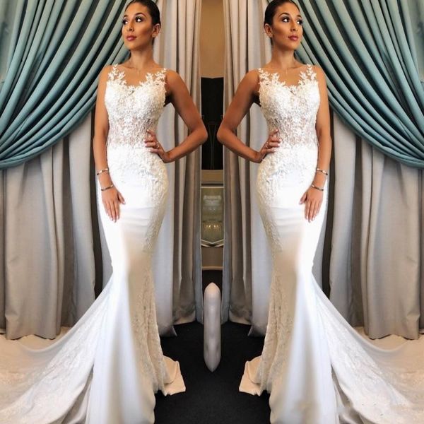 

2019 imple white ivory mermaid beach wedding dre e jewel neckline leevele lace appliqued weep train long bridal gown cu tom made
