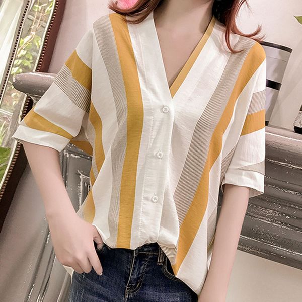 

2018 new design women spring summer style chiffon blouses shirts lady casual half sleeve striped v-neck blusas df1838, White
