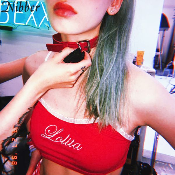 

nibber 2018 cotton cropped letter print camisole women strap slim waist camis summer streetwear crop red, White