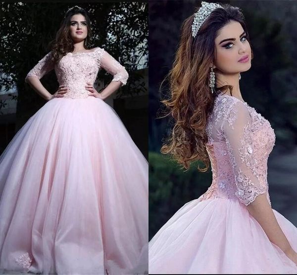 Rosa Ballkleid Quinceanera Kleider Sheer Spitze Appliqued Half Sleeves Arabisch Dubai Prom Party Kleider Abendkleid