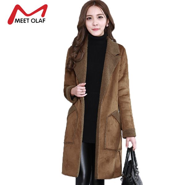 

2017 women suede leather coats winter autumn long jacket faux sheepskin outerwear female overcoat trench coats windbreaker y1426, Black