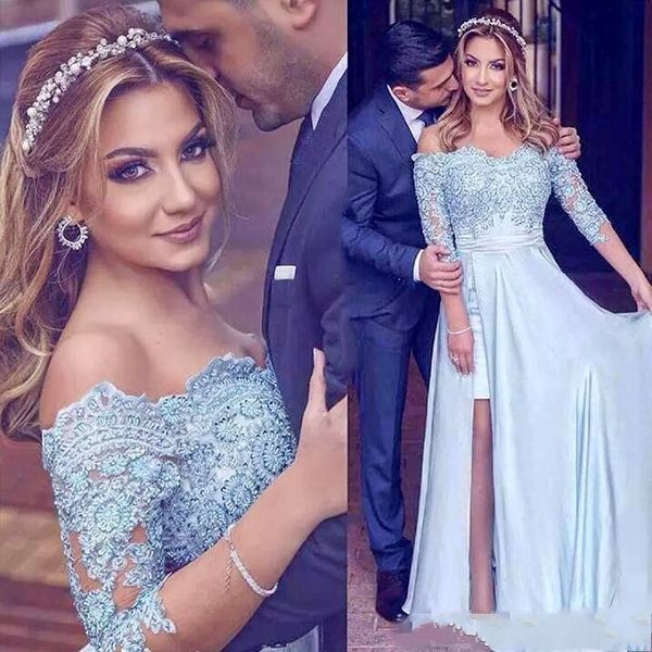 

vintage light sky blue off the shoulder long prom dresses 2018 lace sequins a line satin side split evening gowns with long sleeves, Black