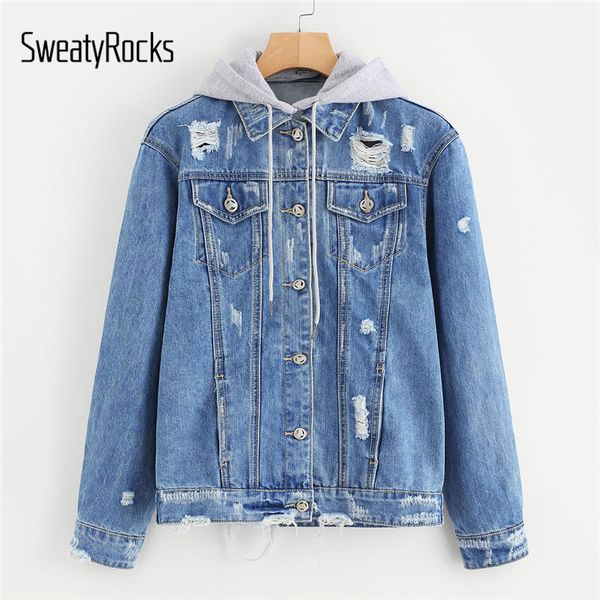 

sweatyrocks blue autumn coats and jackets women ripped detachable hooded denim jacket casual 2018 clothes womens jeans outerwear, Black;brown