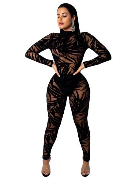 

2018 new black lace overalls for women jumpsuits bamboo leaves skinny long romper pants for women, Black;white