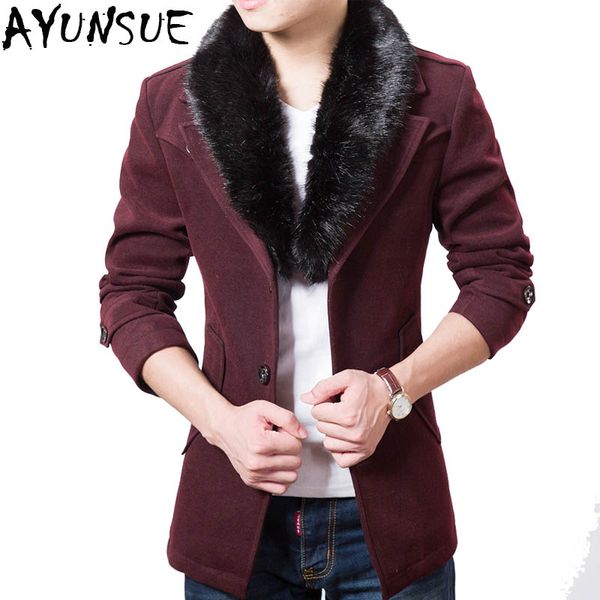 

ayunsue autumn winter warm velvet liner men woolen coat faux fur collar male :ong sleeve jackets abrigos para hombre lx1982, Black