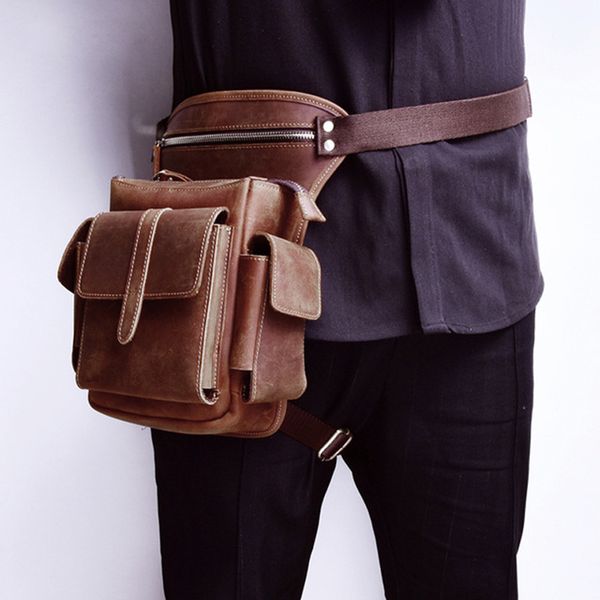 

men cowhide waist bag genuine leather travel motorcycle messenger shoulder bags hip belt fanny pack thigh drop leg bag for male