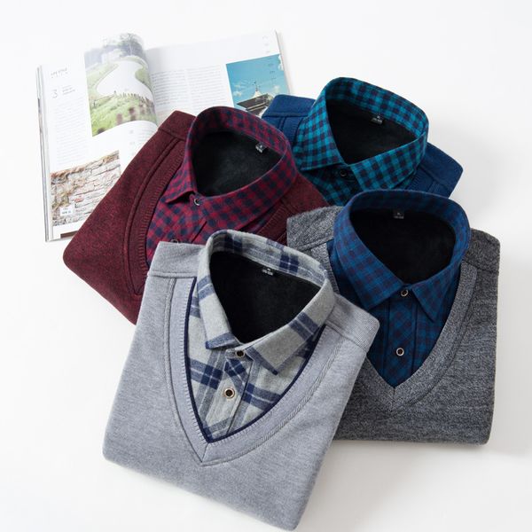 

fake two warm shirts men plus velvet business outside wear body pure color grey blue red black shirt, White;black