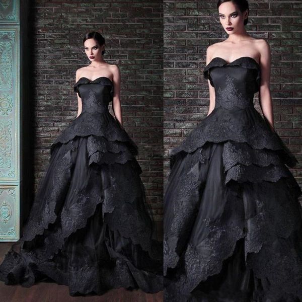 

2018 new gothic black ball gown wedding dresses sweetheart sleeveless zipper lace appliques tulle tiered skirts custom made bridal gowns, White