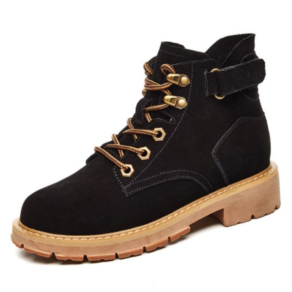 

fashion autumn and winter new leather bottom rhinestone thick with round head low heel women's shoes leather elastic boots sheep, Black