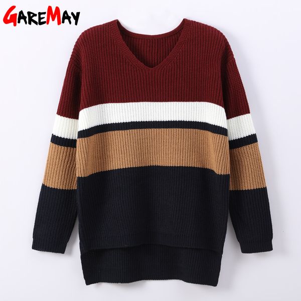 

garemay sweater women winter long sleeve v-neck striped pullover knitwear loose knitted sweater female jumpers sueter mujer, White;black