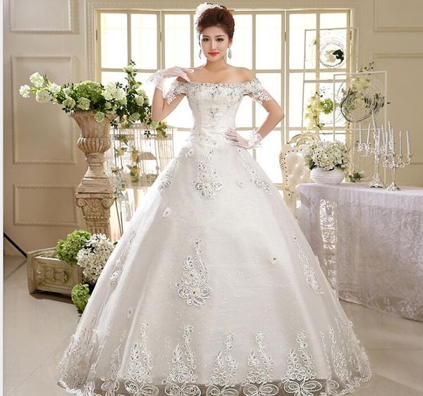 

vestido de noiva luxury wedding dresses fashion the bride married lace up boat neck elegant wedding gown, White