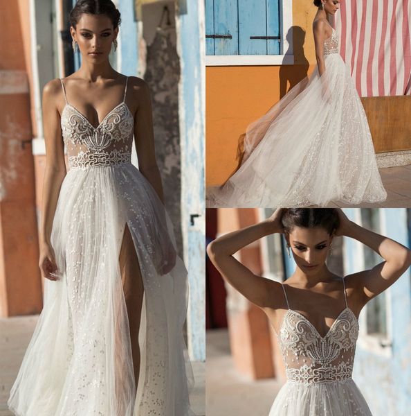 

gali karten a line свадебные платья 2019 спагетти кружева сплит передние свадебные платья длина пола abiti da sposa свадебное платье с откры, White