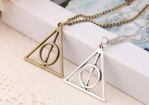

50pcs harry book the deathly hallows necklace triangle antique silver bronze gold deathly hallows pendants fashion jewelry selling