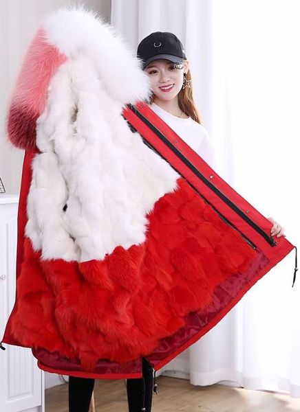 

luxury red white raccoon fur trim women snow coats red white stitching color fox fur lining red long parkas, Black