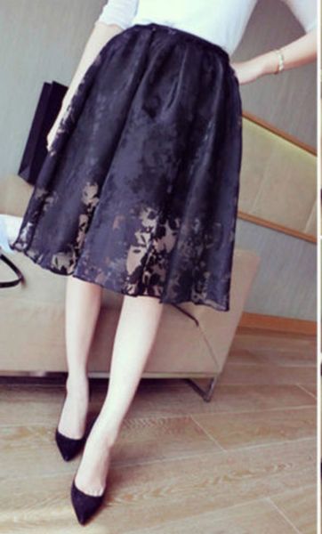 

new women double layer beautiful black lace pleated retro elastic waist skirt