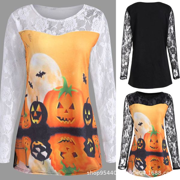

lace stitching halloween digital print long-sleeved pullover top, White