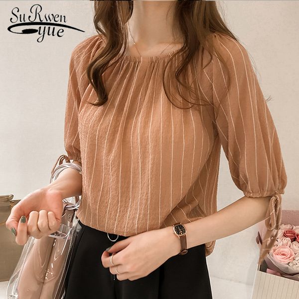 

2018 fashion striped women blouse shirt summer plus size women casual chiffon feminine blouses shirt blusas 0676 40, White
