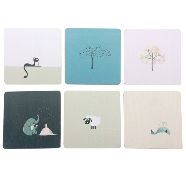 

set of 6 cartoon painting texture wood cup mats square/round vivid table insulation pads coffee mug coasters kitchen decoration