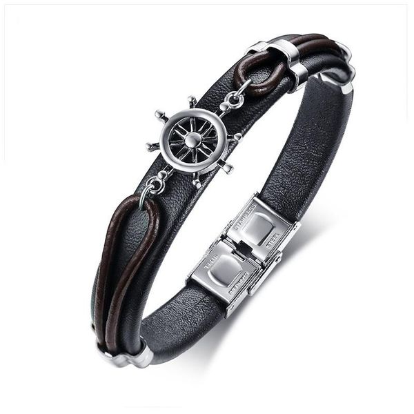 

mens genuine black leather bracelet punk rudder charm link chain bracelet bangle jewelry 8.46&quot, Golden;silver
