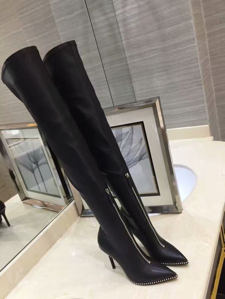 

T-Show Woman Pointed Toe Sexy Stiletto Heeel Over Knee Boots Luxury Brand Ladies High Heel Before Zipper Color Rivet Knee Boots Large Size