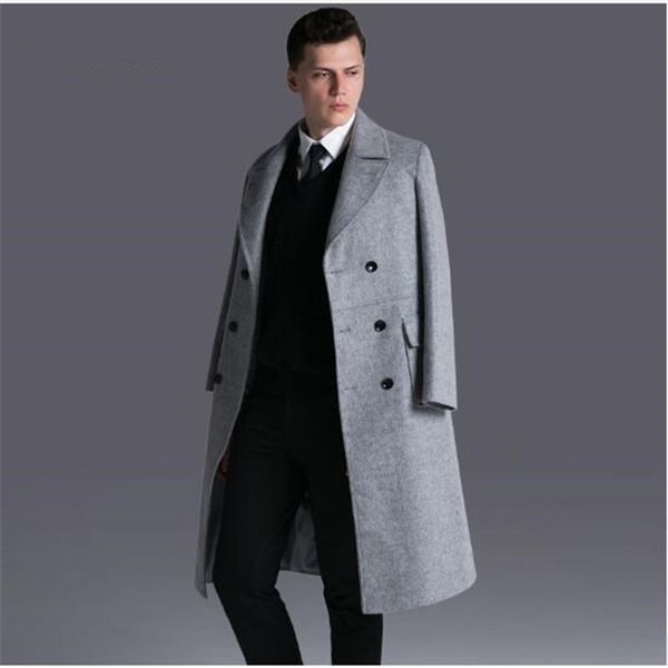 

brand men's double breasted long wool coat 2017 fall/winter extra long business causal woolen outwear male gray overcoat, Black
