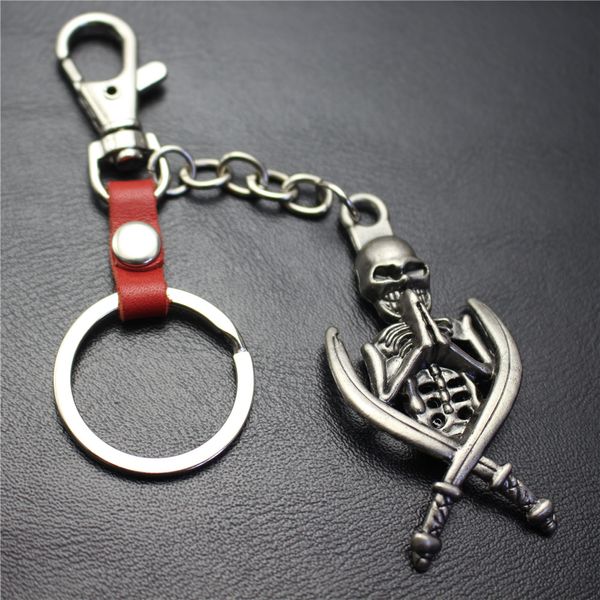 

double sword skeleton hero pendant keychain real leather key chain car key holder keyring bag hang charms gift for women and men, Silver