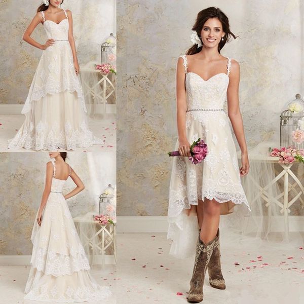 

sarahbridal two pieces boho wedding dresses lace a line bridal gowns with hi-lo short detachable skirt country bohemian wedding gown, White