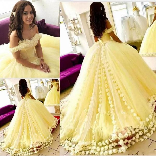 

3d-floral appliques yellow quinceanera dresses off the shoulder ball gown sweet 16 dress sweet 15 prom dress, Blue;red