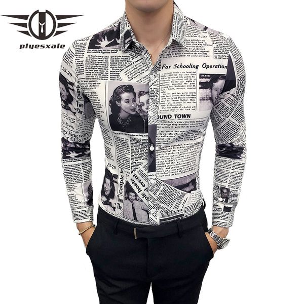 

plyesxale newspaper print shirt men 2019 camisa social masculina slim fit 5xl long sleeve casual shirts for men prom shirts s1, White;black