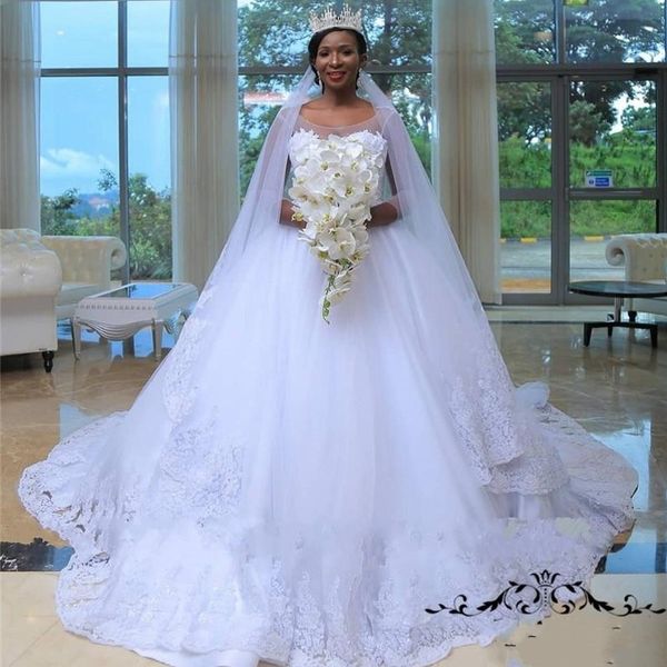 

african plus size wedding dresses with sheer neck 3/4 long sleeves bridal gowns count train lace appliques country wedding dress, White