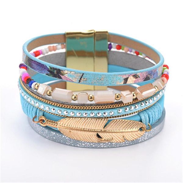 

leather wrap bracelet magnet women crystal bracelet gold leaf feather chain charm bangle cuff fashion jewelry drop shipping kka1885, Golden;silver