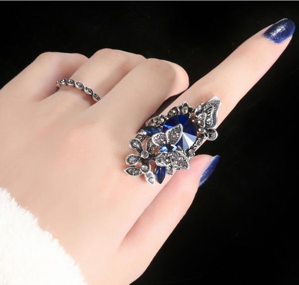 

один набор два кольца с бабочка цветок кристалл кольцо в синий и красный цвет для женщин девочек размер 6-10, Golden;silver