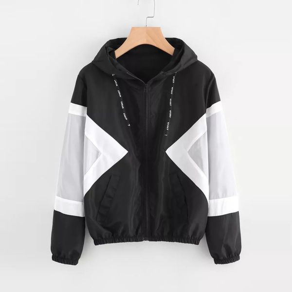 

feitong autumn women windbreaker jacket long sleeve patchwork standard skinsuits hooded zipper pockets coat, Black;brown