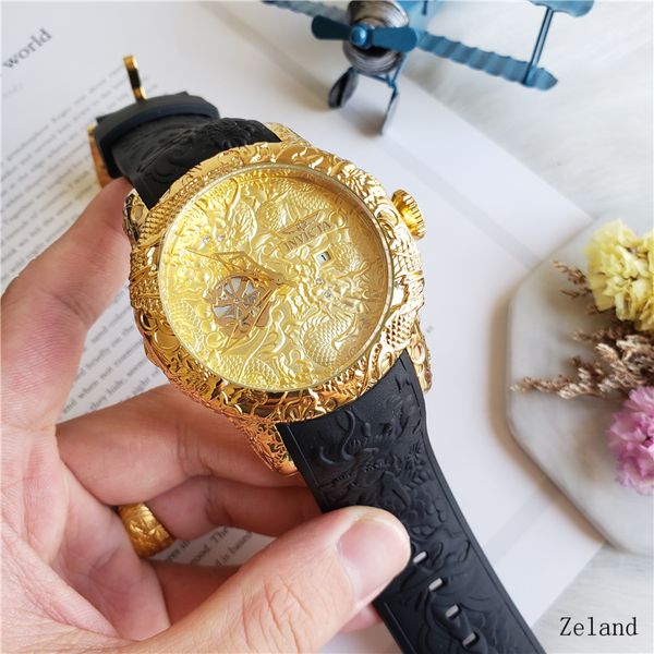 

Hot Sell big size Chinese dragon style Quality invicta Rubber strap Mens Watches Quartz Wristwatches relogies for men relojes Best Gift