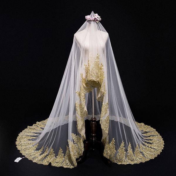 Popolare oro pizzo appliques ampia luce champagne tulle veli da sposa bianco avorio 3 m 3,5 m 4 m lungo velo da sposa di alta qualità