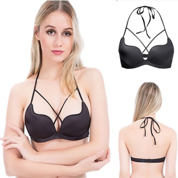 2018 nuove donne sexy push up halter reggiseno intimo intimo taglio basso bralette cinghie incrociate bowknot reggiseni senza soluzione di continuità