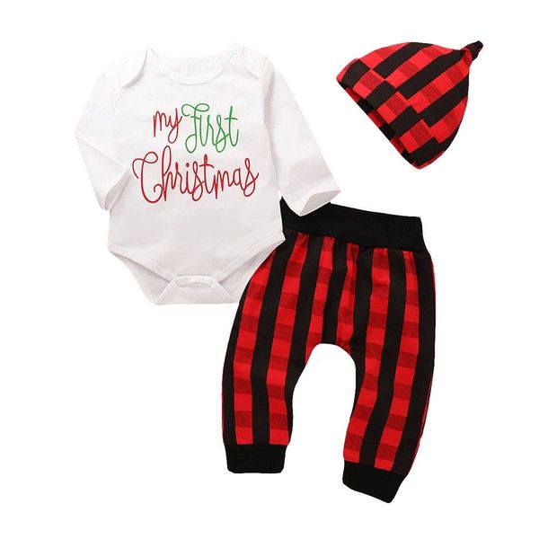 

2018 canis newborn baby boy girls cotton first christmas romper long plaid red pants leggings outfits xmas autumn set clothes, White