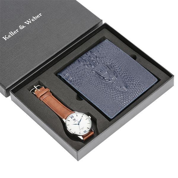 

men watch wrist quartz clock leather strap watch wallet present set for mens reloj male bangle clock, Slivery;brown