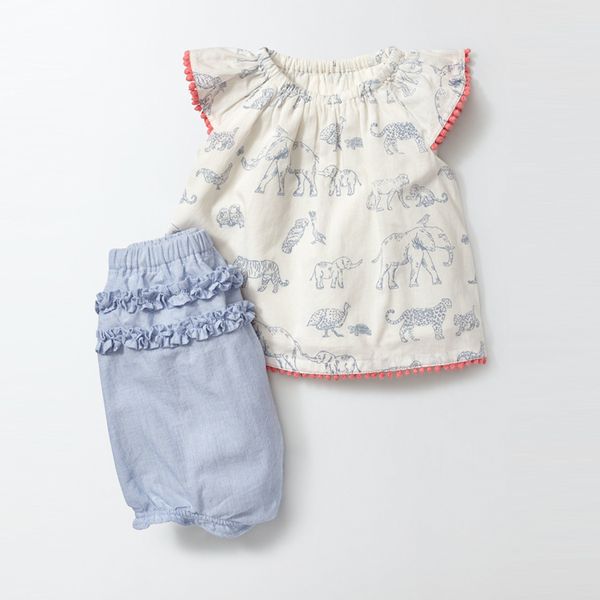 

girl's pure cotton animal printed doll shirt, blue shorts, White
